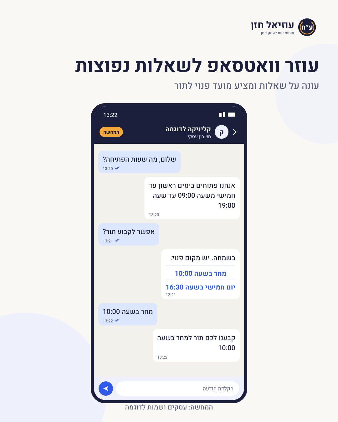 המחשה: עוזר וואטסאפ עונה על שאלות נפוצות ומציע מועד פנוי לתור